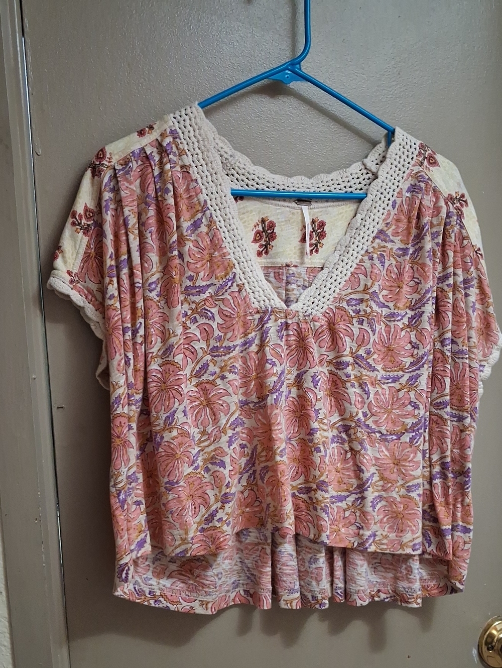 Free People Peach Multi Floral Crochet-Trim V-Neck Top